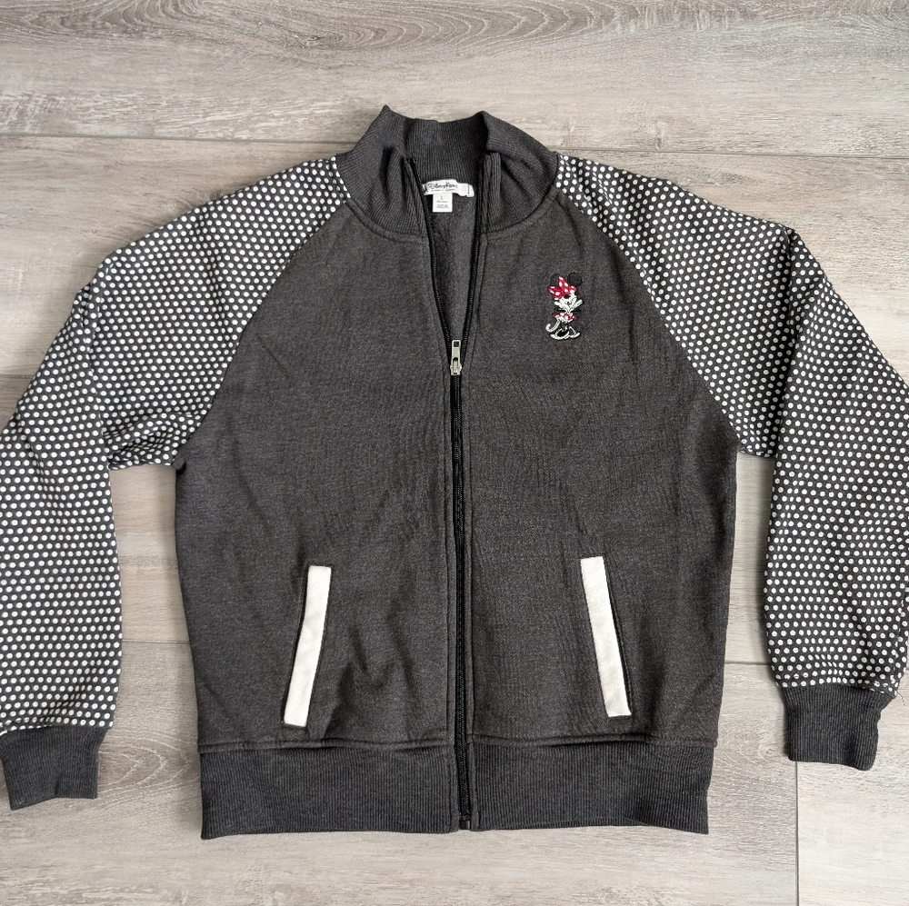 Disney Parks charcoal knit Minnie Mouse bomber jacket with polka dot arms Large